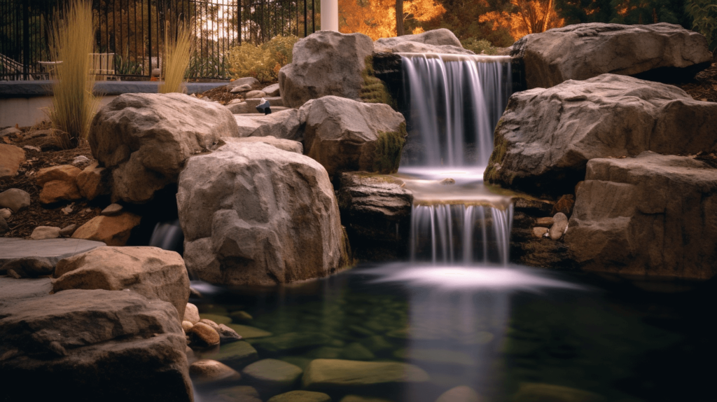 waterfalls into a pondless pond in a small courtyard