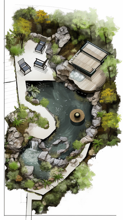 2D design of a swimming pond with waterfalls and landscape design