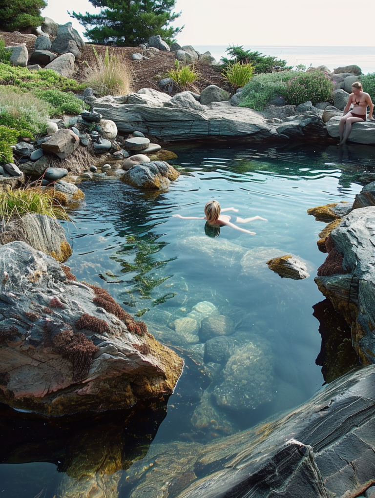 Kid swiming in a recreational pond