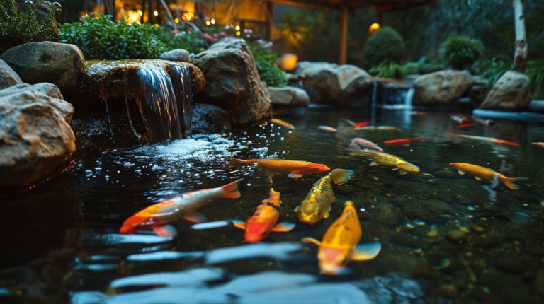 colorful koi swimming around next to the waterfall