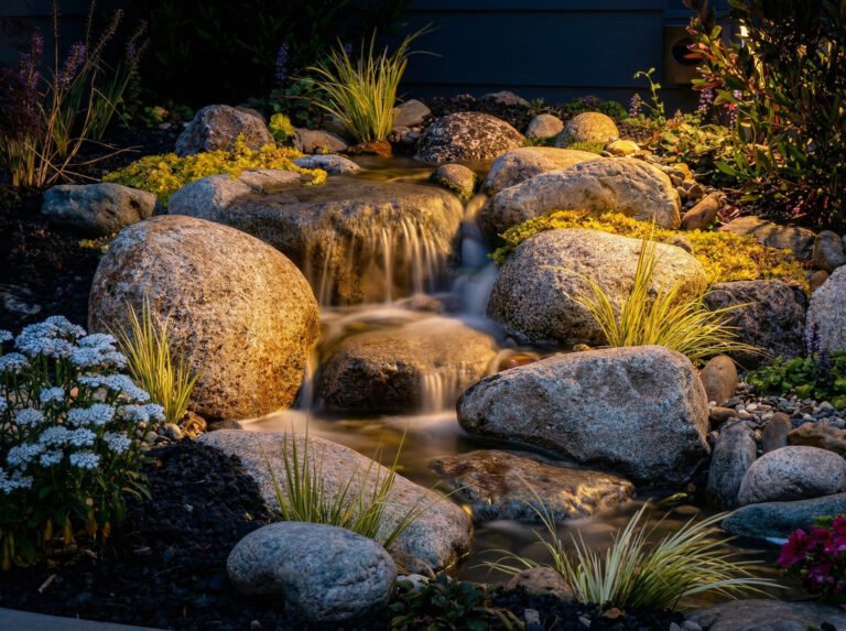 Nightime shot of this pondless waterfall we build in livermore