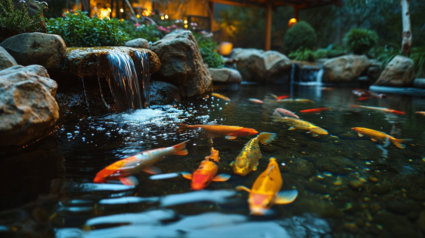 colorful koi swimming around next to the waterfall
