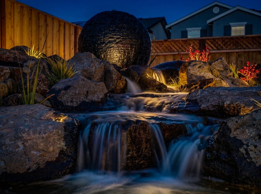 pondless waterfall in mountain house with stacked stone sphere