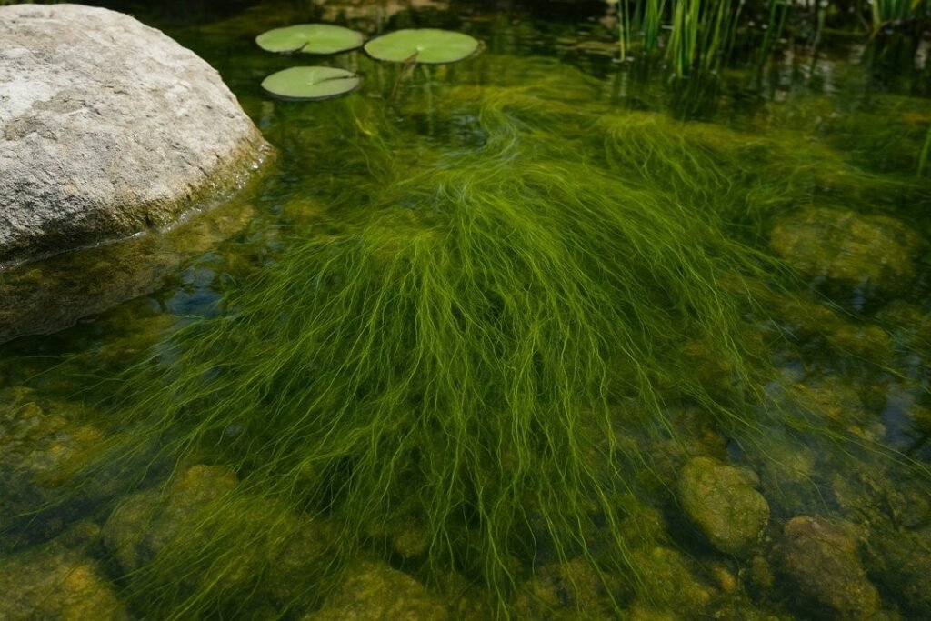 String algae growing in a backyard pond with rocks and water lilies