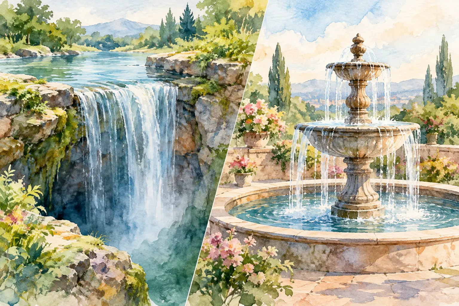 Disappearing Waterfall Versus Fountain Compared
